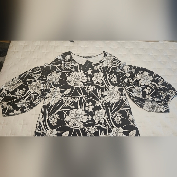 NWT Bryn Walker Floral Print Round Neck Long Sleeve Lantern Dress:Black/White:XL - Picture 7 of 16